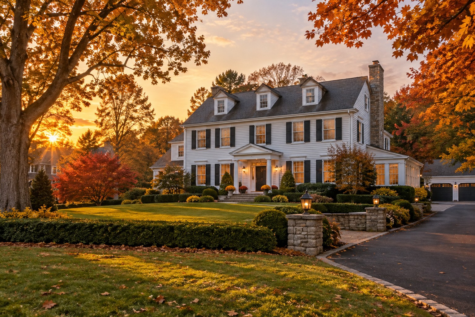 An upscale Westchester County neighborhood street at golden hour, illustrative