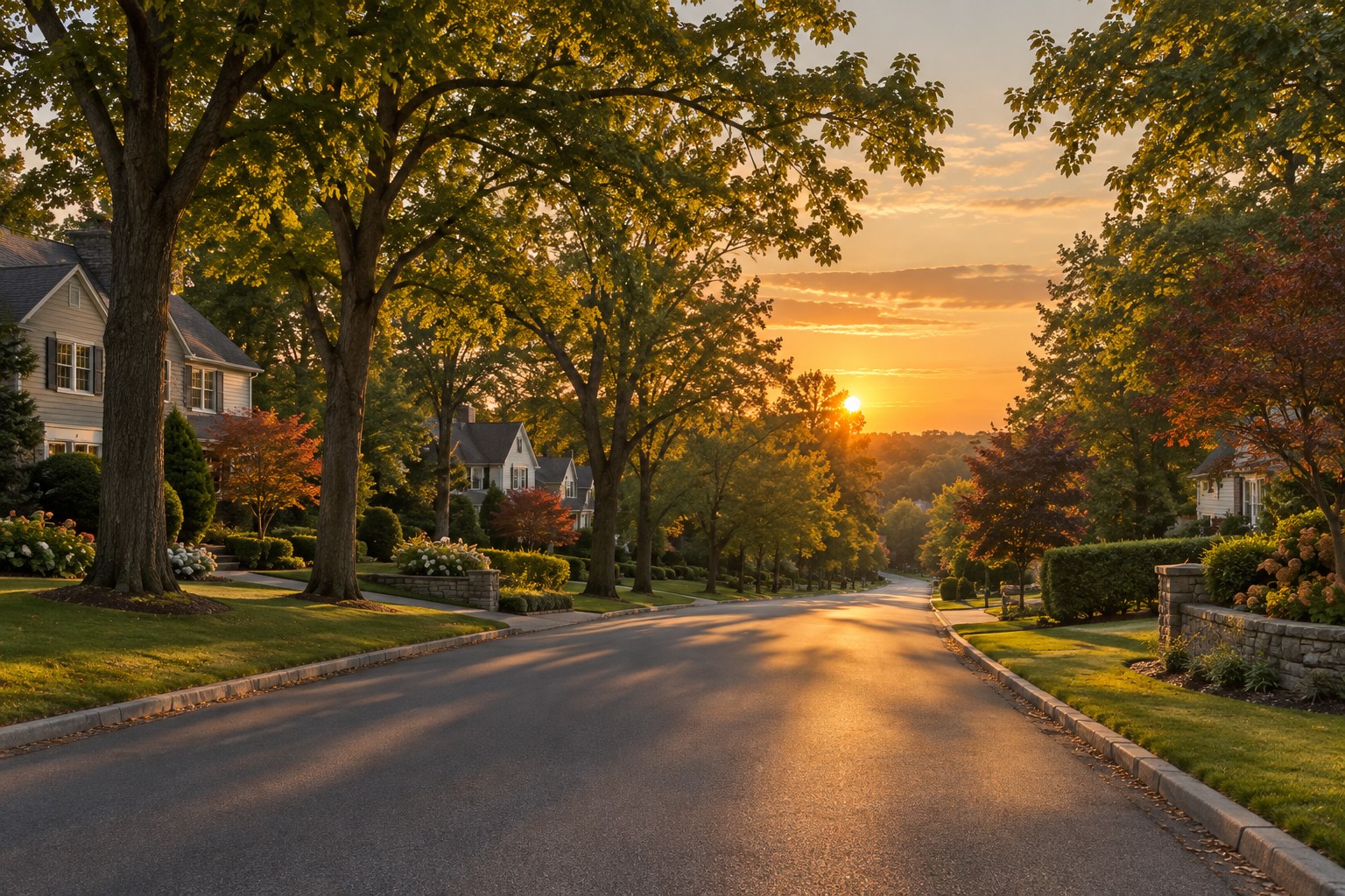 A Westchester County street at sunset, illustrative