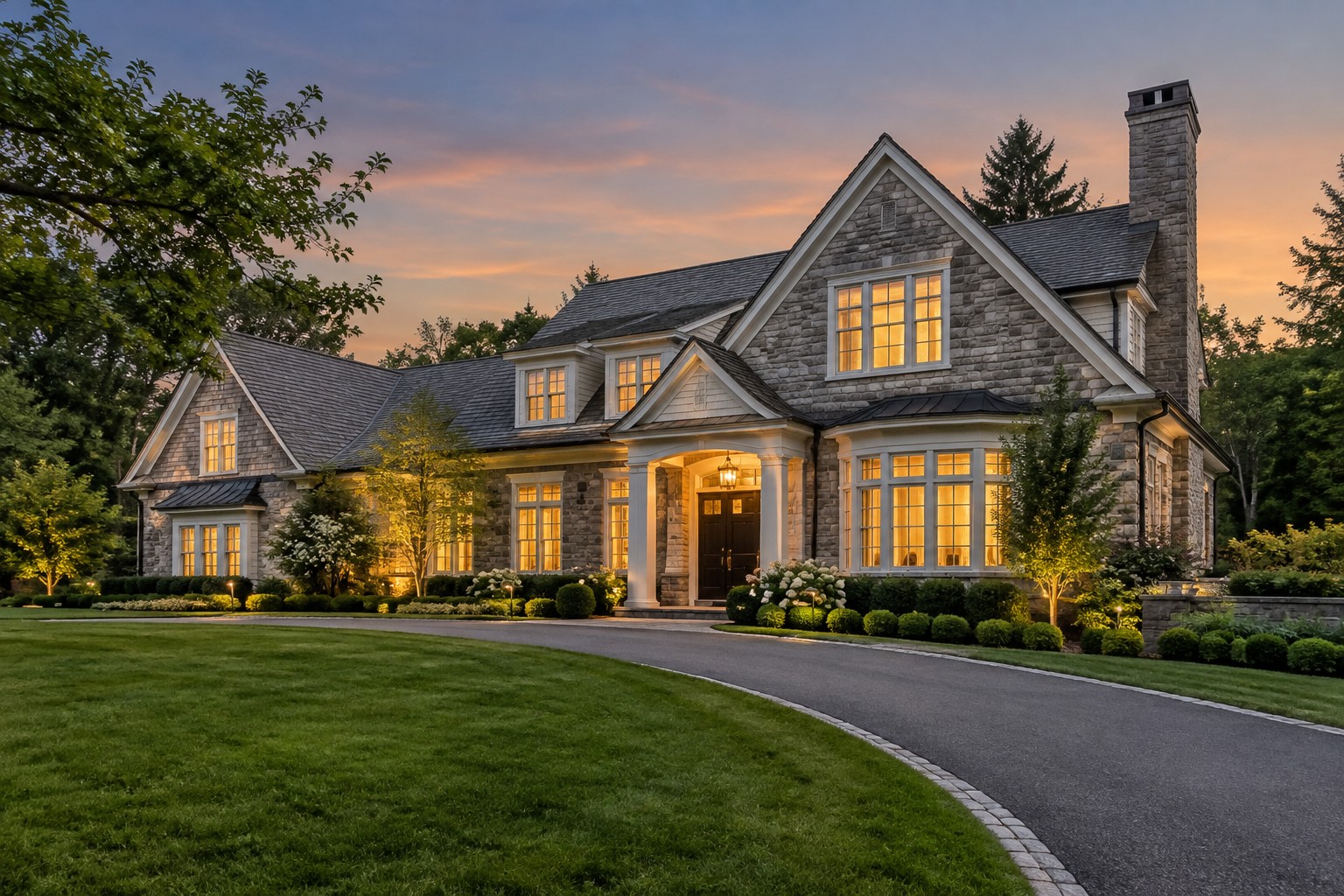 A Westchester County home exterior at dusk, illustrative