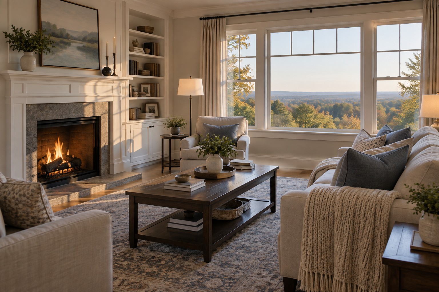 A cozy Westchester County living room, illustrative